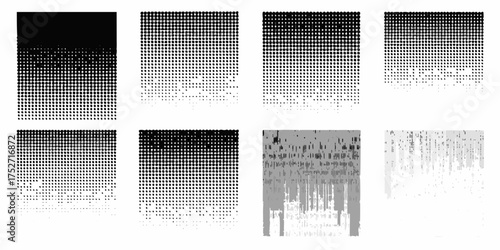 Abstract halftone dot patterns transitioning from dense black to sparse white and grayscale textures