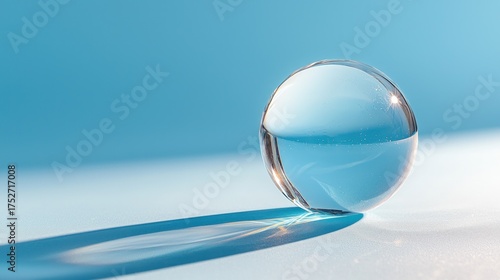 Glass sphere reflecting light on a blue surface, creating a shadow.