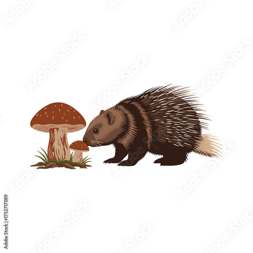 Curious porcupine sniffing a red mushroom in a forest clearing animal wildlife vector