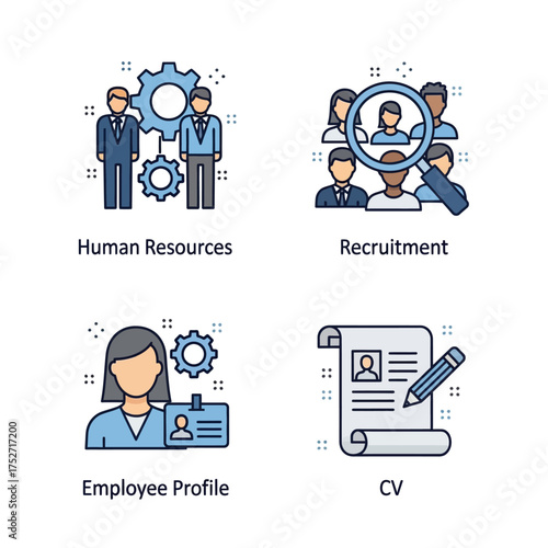 A set of four business icons representing Human Resources, Recruitment, Employee Profile, and CV concepts.