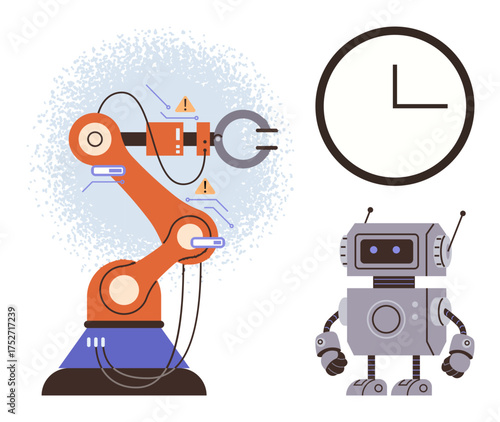 Robotic arm performing tasks, humanoid robot standing nearby, large clock. Ideal for automation, robotics, AI, manufacturing, innovation productivity time efficiency. Simple flat metaphor