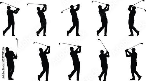 Golf swing silhouettes, sports motion, athletic posture, swing sequence, black and white, golf training, body alignment, vector illustration, dynamic movement, golf stance, swing mechanics, , 