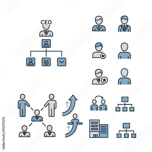 Organizational structure icons representing leadership, hierarchy, teamwork, and business growth, with diverse roles.