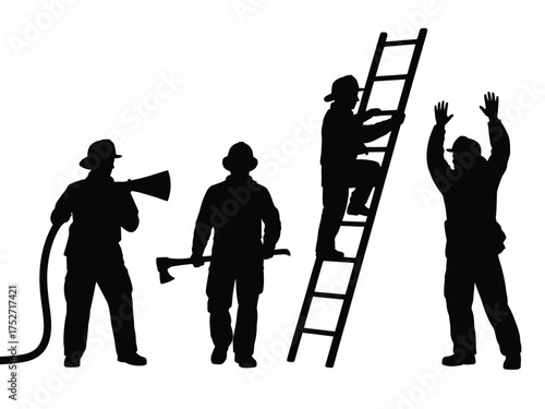 Black silhouettes of firefighters with equipment white background ladder