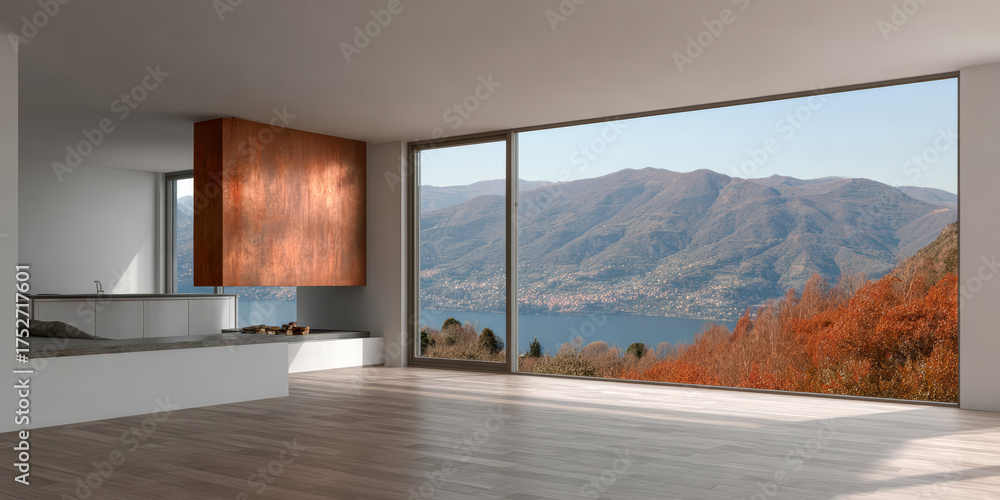 Fototapeta premium Modern interior design featuring a stunning lake view with mountains in the background