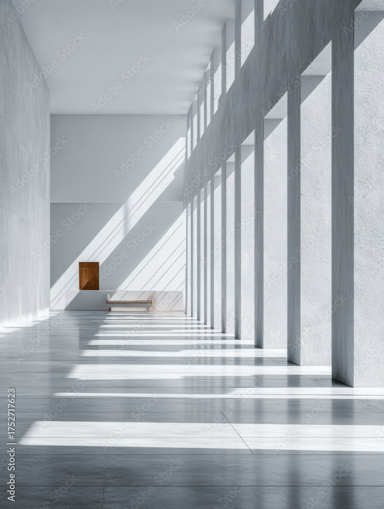 Obraz premium Bright, minimalist interior of a modern space featuring natural light patterns and clean lines in the architecture