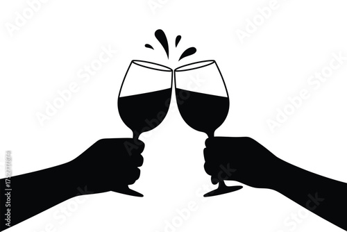Black silhouettes of hands clinking wine glasses with splashing liquid vector