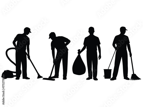 Black silhouettes of janitorial staff cleaning vacuum cleaner broom