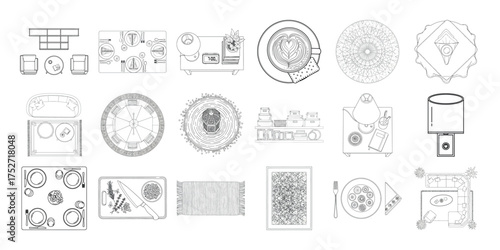 Vector art of compilation of architectural sketches and technical drawings showcasing building components and structural elements
