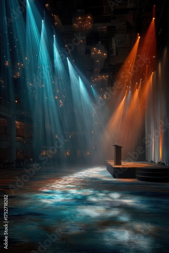 Illuminated stage with podium under colorful spotlights in an elegant hall