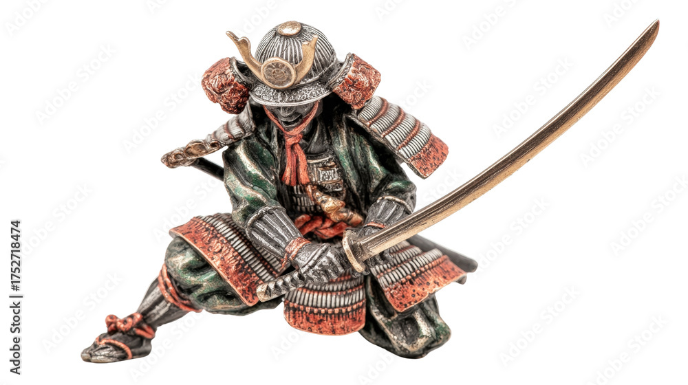 Obraz premium Decorative miniature samurai figurine with katana, Transparent background, PNG file