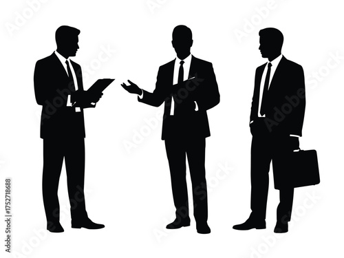 Black silhouettes of men in suits discussing business finance