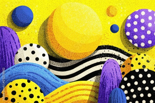 Vibrant abstract composition with dots, stripes, and a yellow background