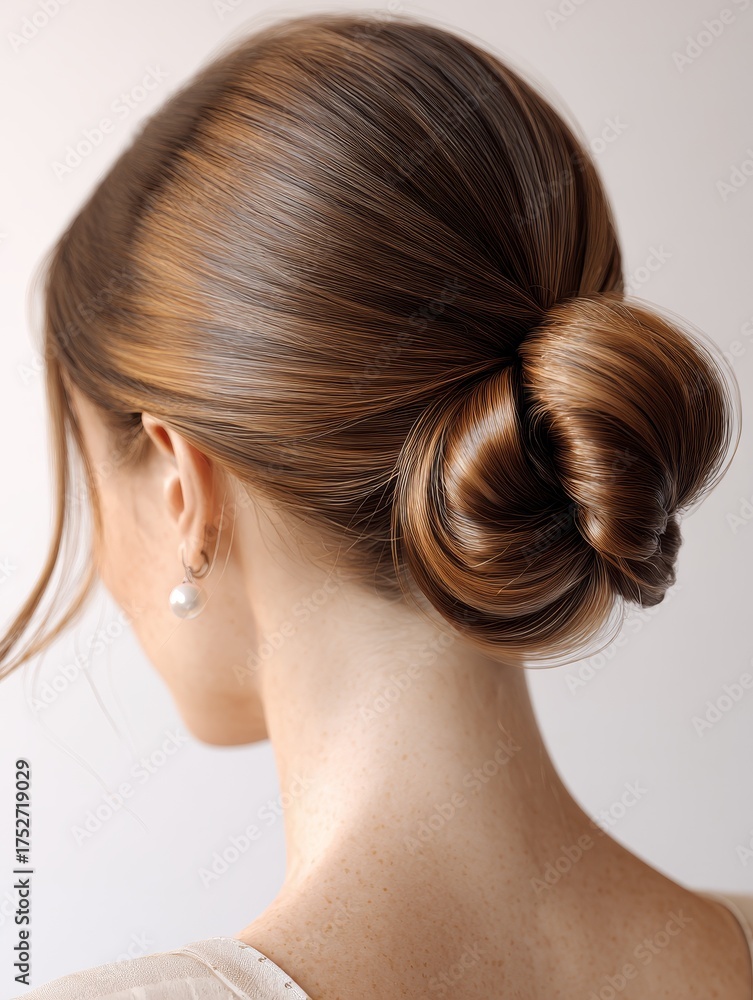 Naklejka premium A woman's elegant low bun with smooth brown hair, showing a sophisticated and polished appearance.