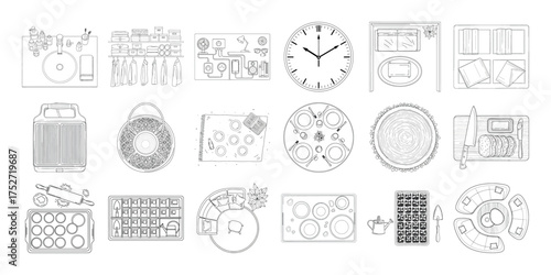 Vector art of collection of architectural sketches and blueprints for various building elements and designs