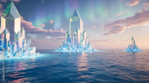 Large translucent crystal formations emerging from a calm ocean under a serene sky with soft clouds and aurora.
