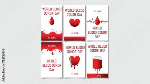 World Blood Donor Day Poster Set with Heart and Blood Drop Icons Vector Design