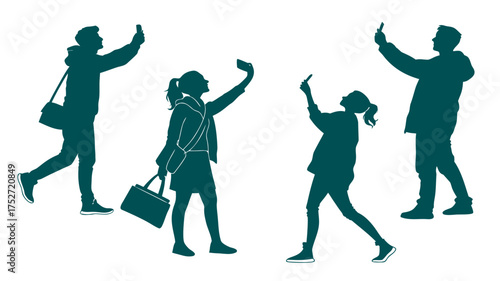 silhouettes of people taking selfies: friends and family taking selfies in a busy outdoor scene together smiling happy
