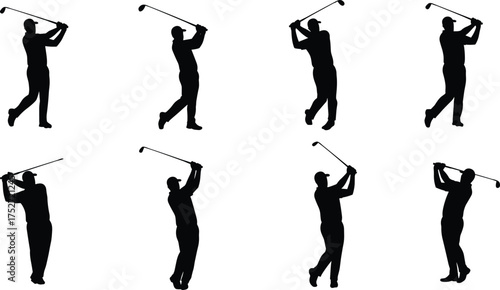 Golf swing silhouettes, sports motion, athletic posture, swing sequence, black and white, golf training, body alignment, vector illustration, dynamic movement, golf stance, swing mechanics, 