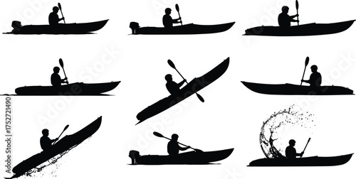 Kayaking silhouettes, water sport, paddle motion, black and white, kayak vector, outdoor activity, splash effect, dynamic posture, boat movement, river adventure, minimal design, sports illustration, 