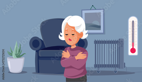 Elderly Pensioner Feeling Cold at Home in Winter Vector Illustration. Old lady shivering freezing in her own apartment
