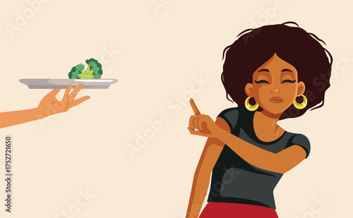Adult Picky Eater Refusing Broccoli Vector Illustration. Unhappy customer refusing green plate at the restaurant 



