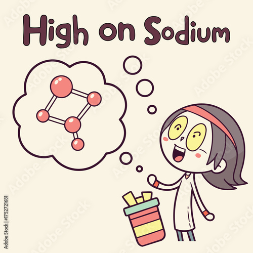 High Sodium Snack Warning Cartoon and Molecular Structure