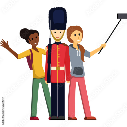 Obraz na plátně Two women taking a selfie with a royal guard in a uniform wearing a tall bearski