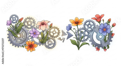 Floral mechanical transformation illustration with gears and flowers for engineering design concept art