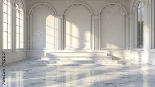 Elegant White Interior with Arched Windows and Marble Floor.
