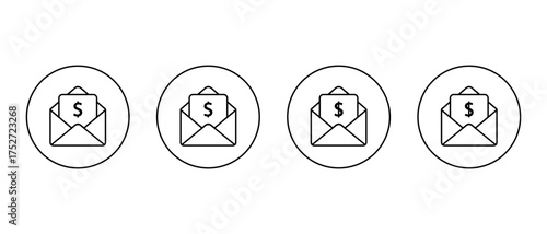 Dollar in envelope icon set in circular outline. Money payment and financial transaction mail symbol