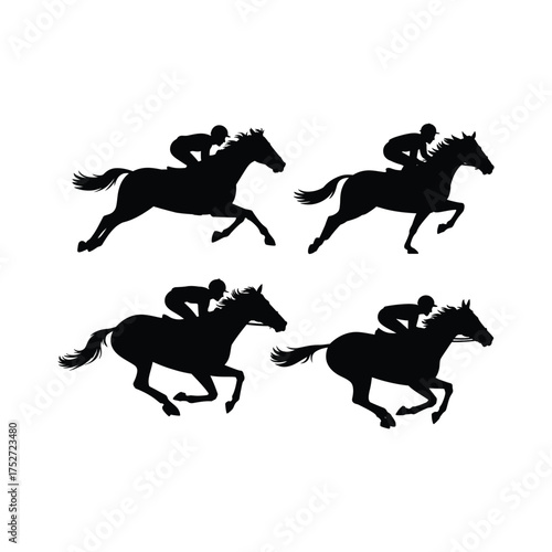 Vector art of four horse racing silhouettes, capturing the speed and excitement of equestrian sport in dynamic compositions