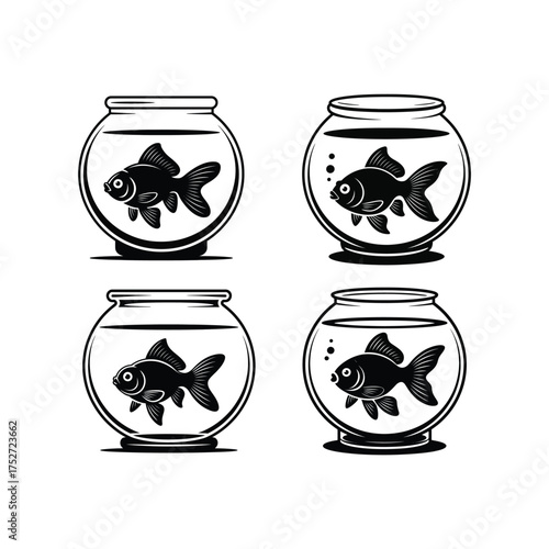 Vector art of four goldfish swimming in fishbowls, creating a simple and charming aquatic scene with a minimalist aesthetic