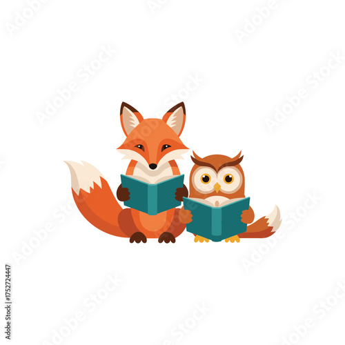 Cute fox and owl friends enjoy reading books together learning and friendship vector