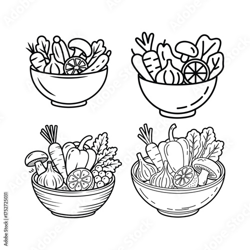 Vector art of four bowls filled with fresh vegetables and fruits, offering a healthy and nutritious food choice for everyone