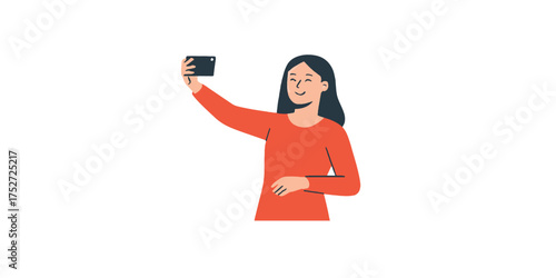 Print  Smiling woman taking selfie with phone, minimal flat style character design