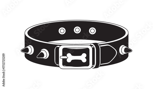 Black leather dog collar with metal spikes and bone buckle