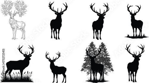 Deer silhouette set, antler wildlife illustration, forest animal vector, black stag poses, nature hunting design, rustic outdoor graphic art