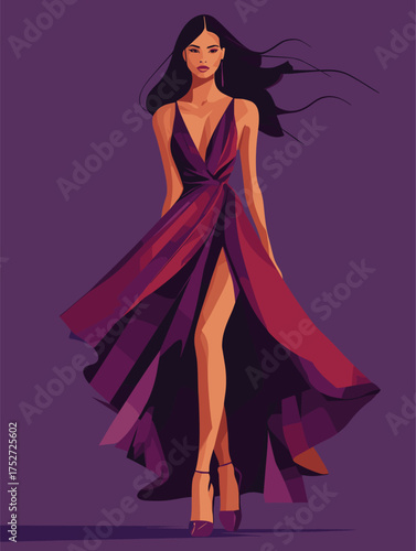 Vector Art of Confident Model in Grape-Themed Fashio
