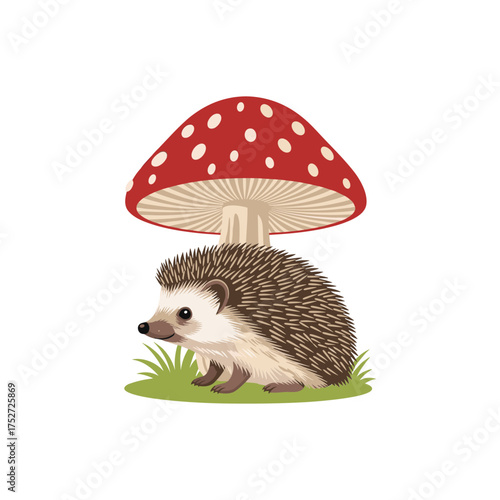 Cute hedgehog hiding under a red spotted mushroom on a grassy knoll outdoors vector