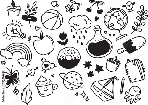 Cute Hand Drawn Doodle Icons Set in Black and White