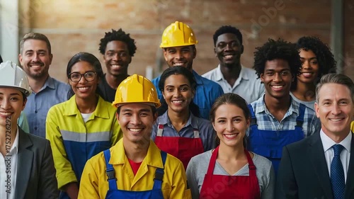 A diverse group of smiling people, some in work attire, pose together, indicating teamwork & success