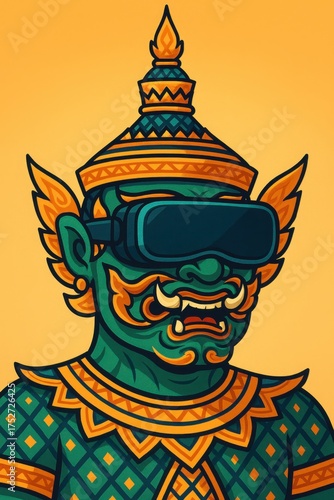 Thai mythological giant wearing virtual reality headset
