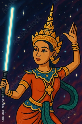 Thai classical dancer holding glowing lightsaber in space
