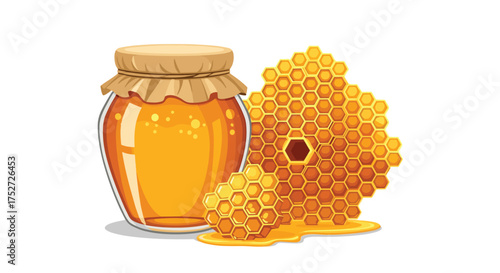 A delicious golden jar of honey with honeycomb on a white background.