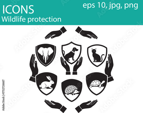 Vector art of wildlife protection icons with animals inside shields and hands surrounding them