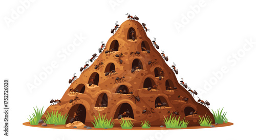A detailed illustration of an anthill structure with many interconnected tunnels and chambers inhabited by many busy ants.