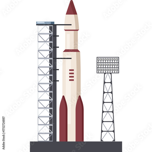 Fototapeta Naklejka Na Ścianę i Meble -  White and Maroon Rocket Standing Tall on Launchpad With Tall Metal Structures and Floodlights Underneath White Background Ready for Space Exploration Mission