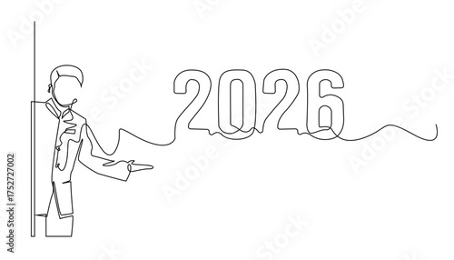 Continuous line drawing of a man welcoming the new year 2026. One line drawing of a man opening a door and giving a greeting. Single line vector illustration