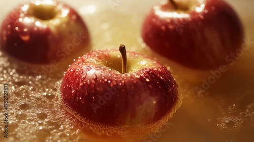 Fresh red apples floating in shimmering golden liquid, bubbles surrounding fruit, close-up shot